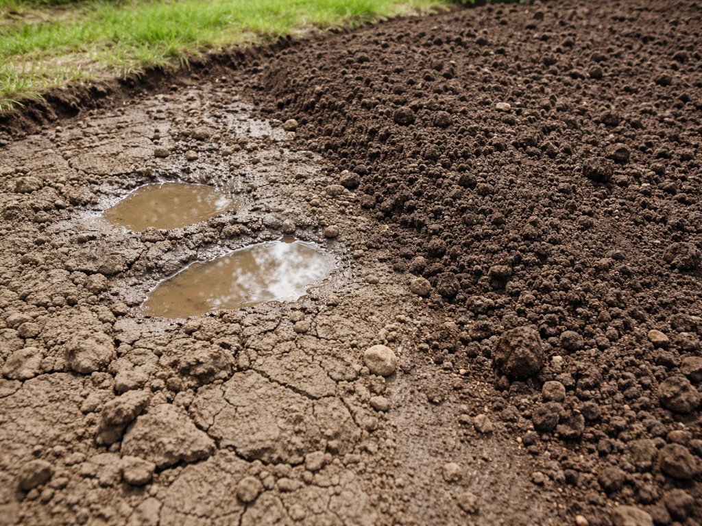 Disturbed clay soil with clods and puddling patches next to loosened tilled ground ready for amendments.