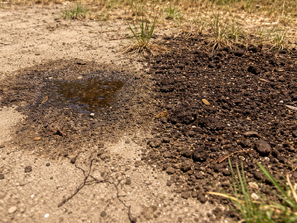 Sandy, fast-draining patch where water soaks in quickly, beside darker amended soil