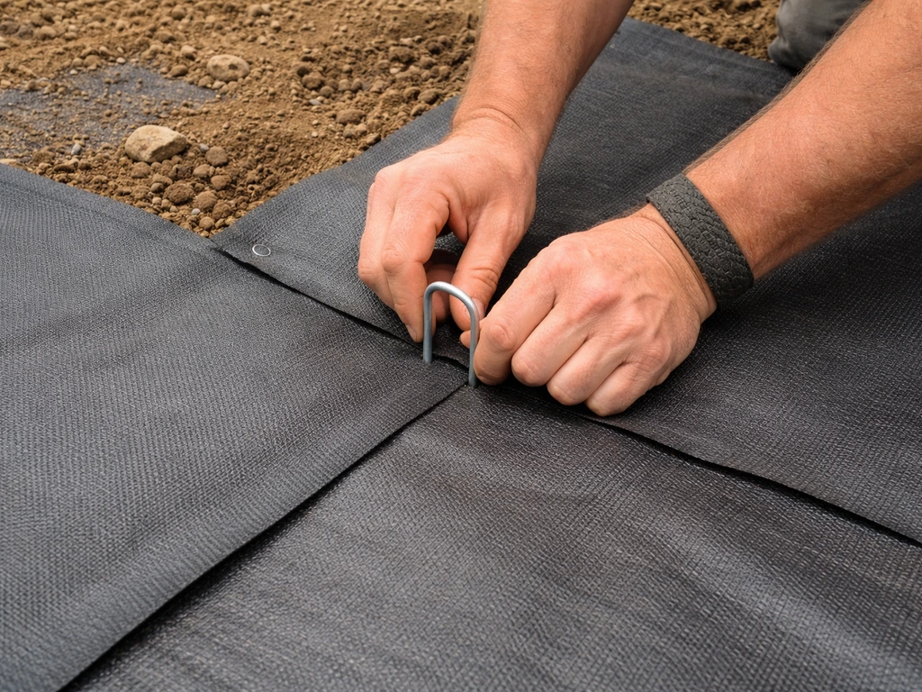 Hands secure overlapped weed barrier fabric with staples on bare garden soil.