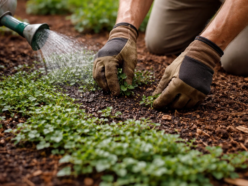 Gardener hand-weeding a groundcover bed with light watering, showing realistic first-season upkeep.