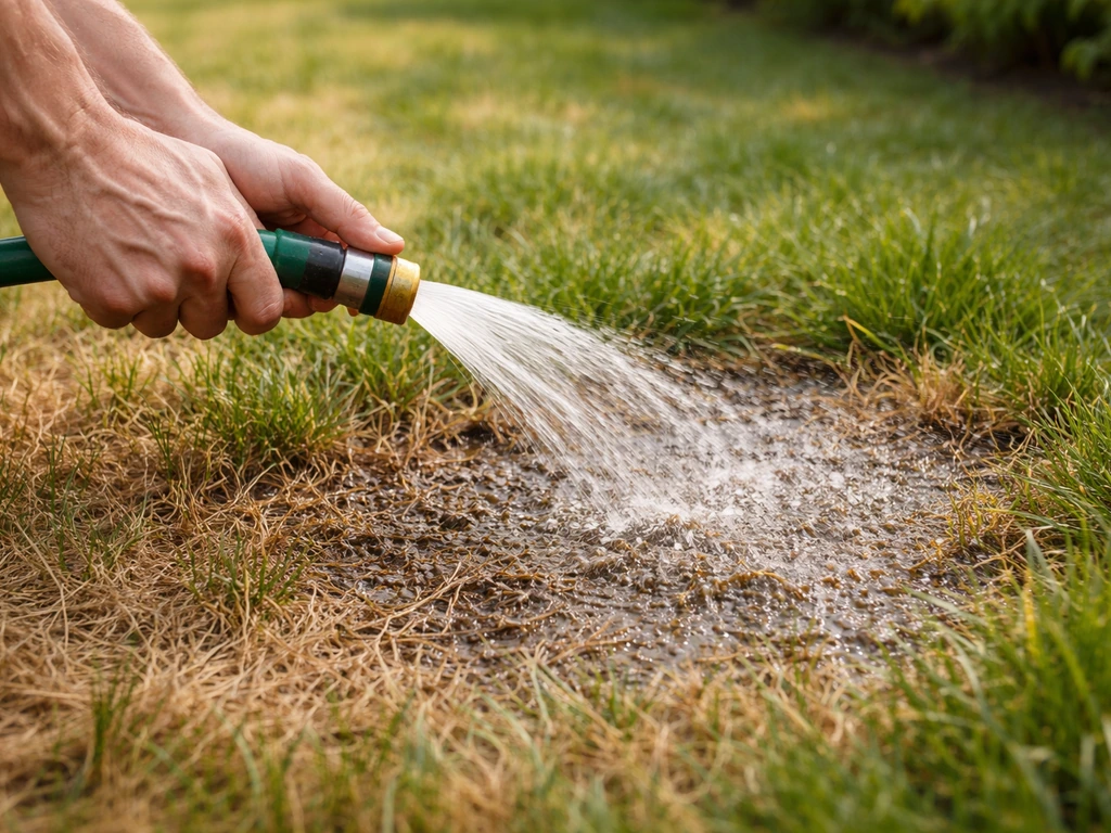 Hands rinsing a small dead patch of lawn with a garden hose; water pools then soaks into the soil.