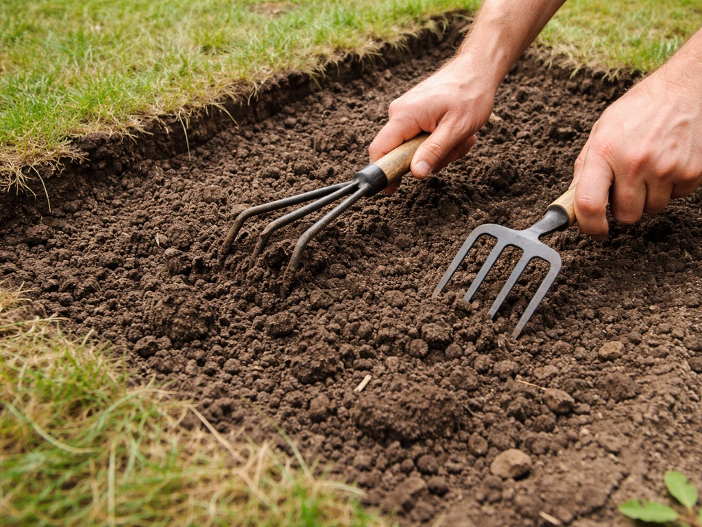 Hands using a hand cultivator to loosen compacted soil in a lawn repair patch to 2–3 inches.