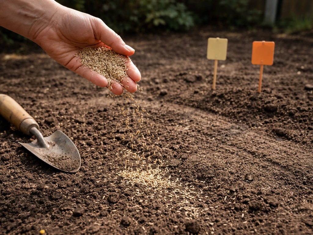 Hand scattering grass seed over bare soil with simple colored garden markers for timing cue.