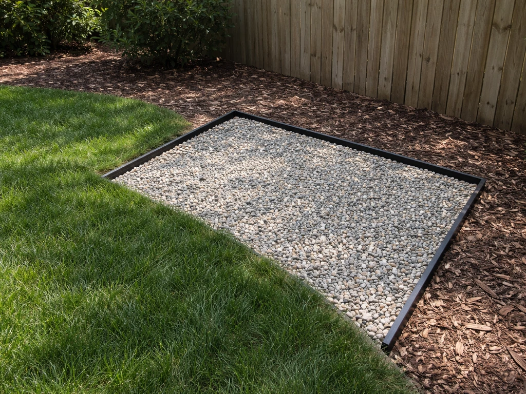 Gravel dog potty patch beside a lawn edge with a simple barrier guiding where a dog can pee.