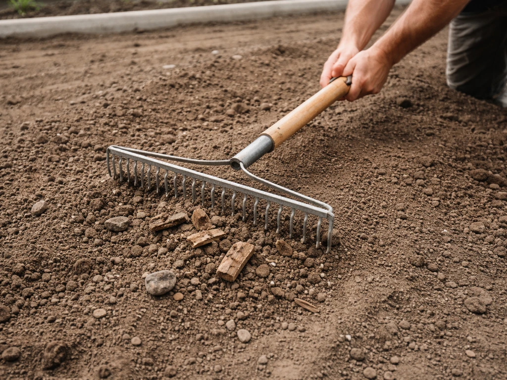 Hand raking fill dirt while pulling out small wood chunks and rocks from the surface