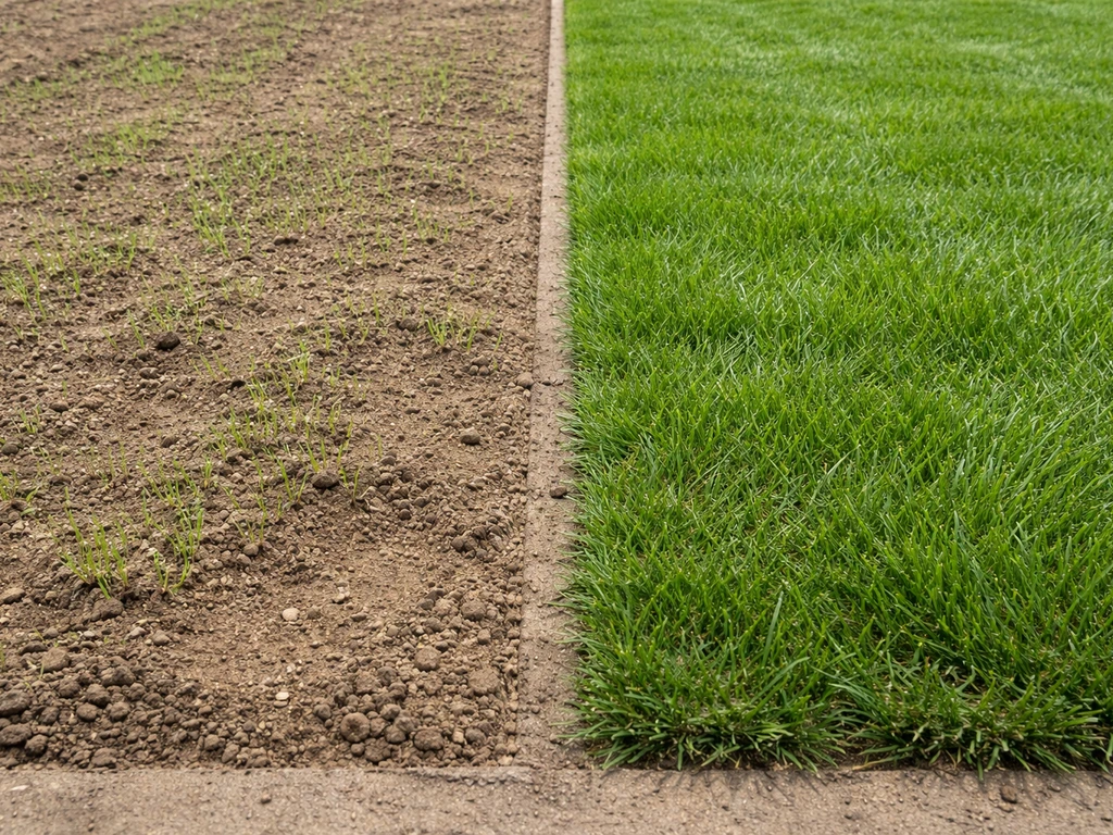 Side-by-side fill dirt lawn: patchy seeded grass on one side and denser green sod on the other.