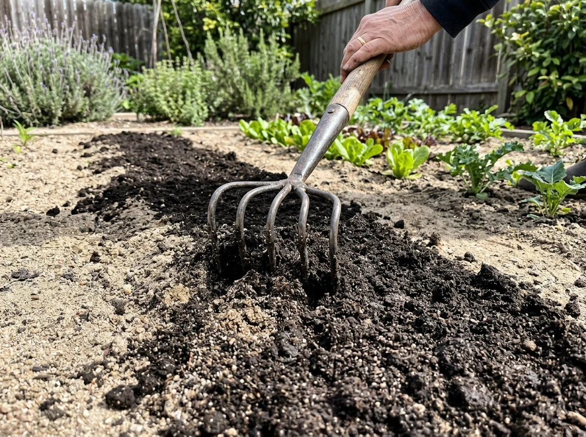 Tilling compost into sandy soil to improve moisture