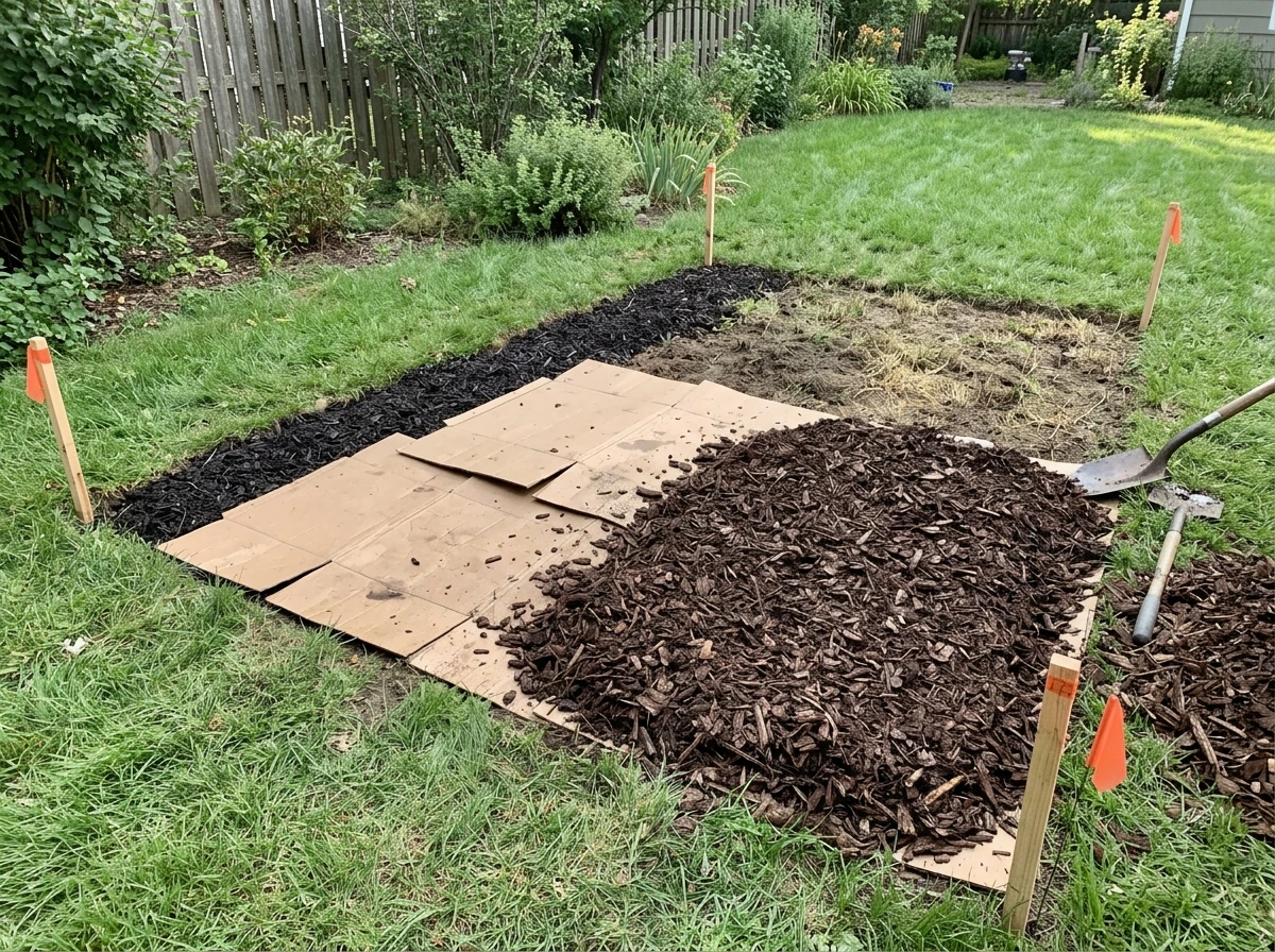 DIY sheet mulching with cardboard under a new groundcover zone
