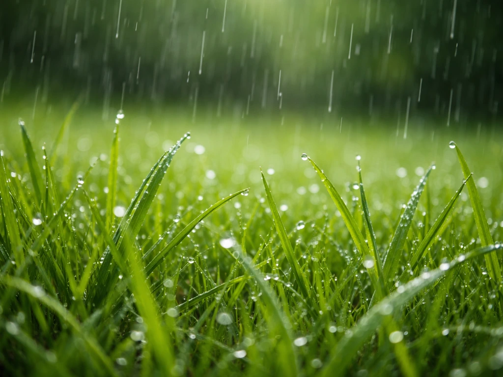Rain falls onto a green lawn, with fresh dewy grass blades showing moisture