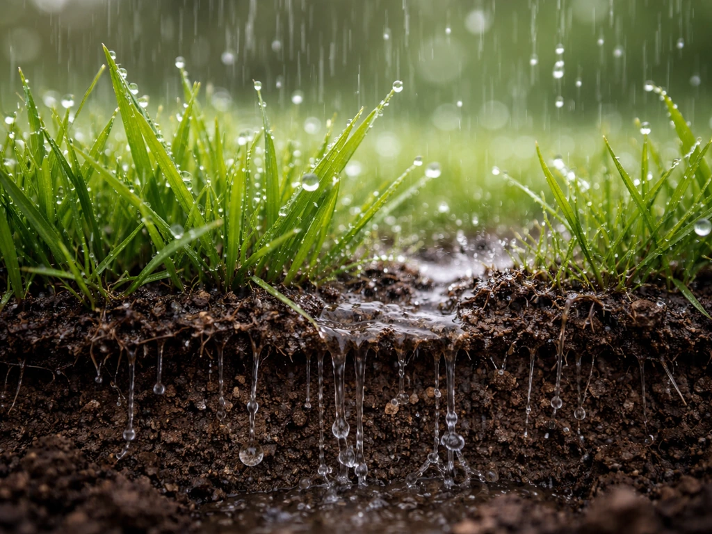 Rainwater drops hitting green grass, with a subtle view of water soaking down toward the roots in soil.