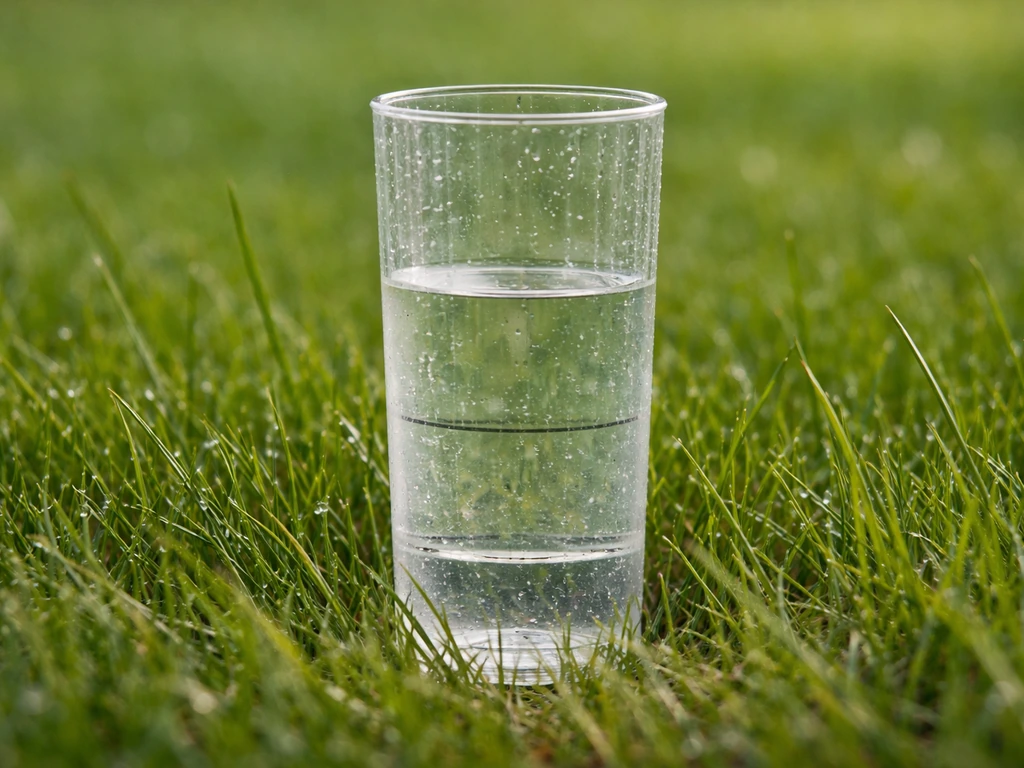 Close-up of a simple rain gauge measuring cup on lawn showing 1–1.5 inches target and a smaller amount