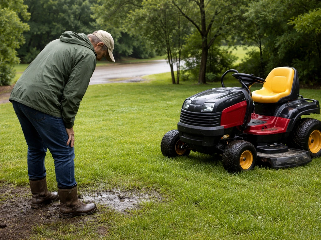 Person checking a wet lawn for puddles, then a riding mower set at a high 3-inch blade.