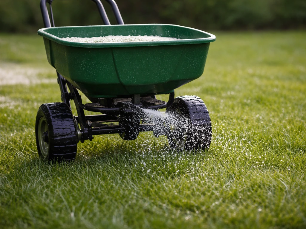Lawn fertilizer spreader dropping granules on slightly damp grass after rain.