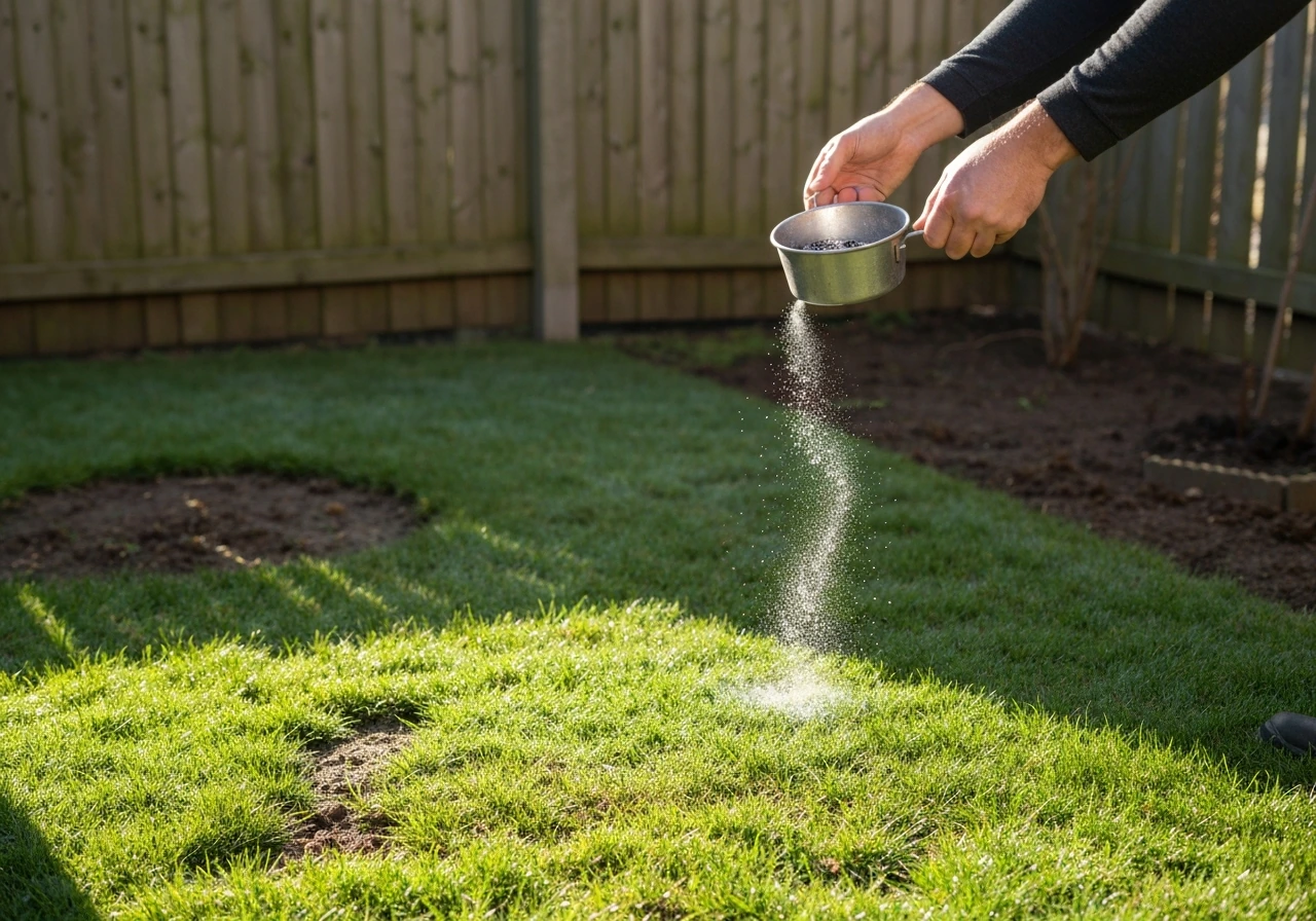 Gardener’s hands sprinkle small amounts of wood ash over green grass in a simple backyard lawn.