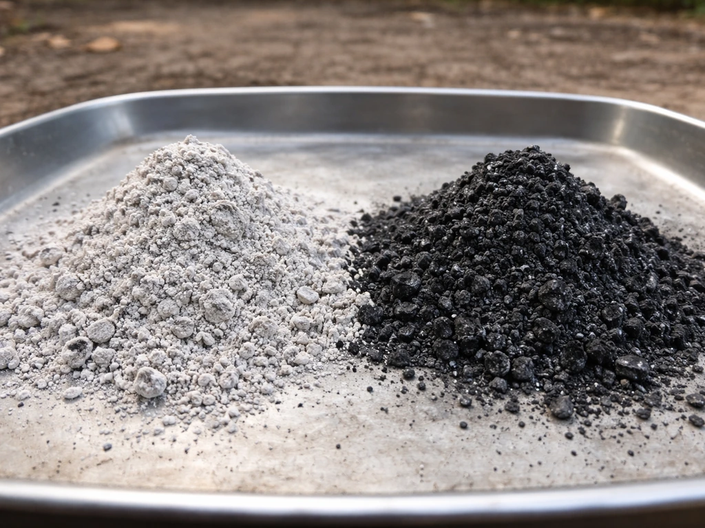 Two small piles of ash on a tray: light wood ash and dark granular coal ash, outdoors