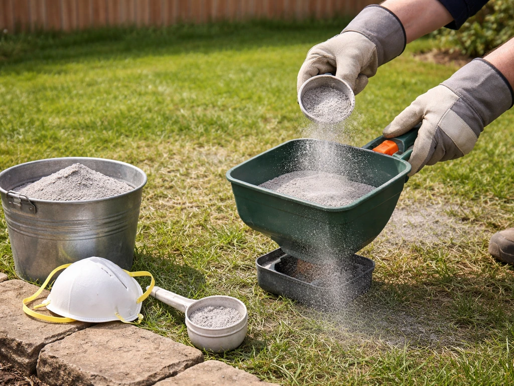 Gloved hands and a mask beside a broadcast spreader lightly spreading dry wood ash on grass.