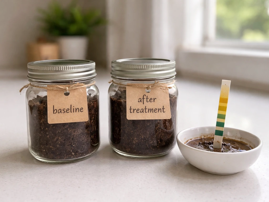 Two simple soil sample jars on a kitchen counter, one labeled baseline and one after treatment, with a pH strip.