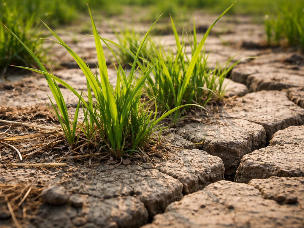 Lush green grass blades thriving through dry, uneven soil under bright sunlight