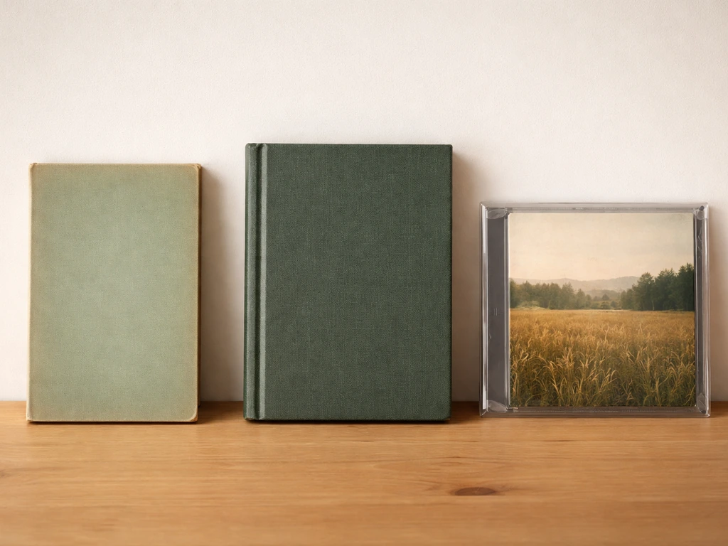 Three different books/music items with the same title arranged side-by-side on a wooden table.