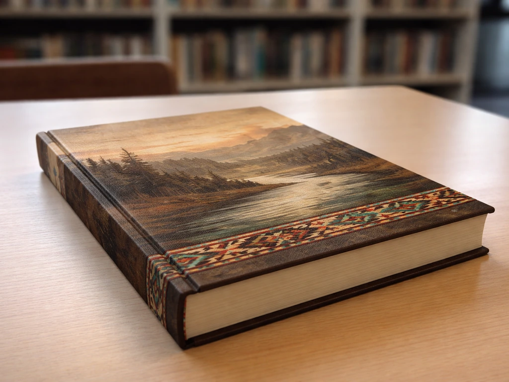 Close-up of a modern academic history book on a library table with subtle Native history-themed cover art.