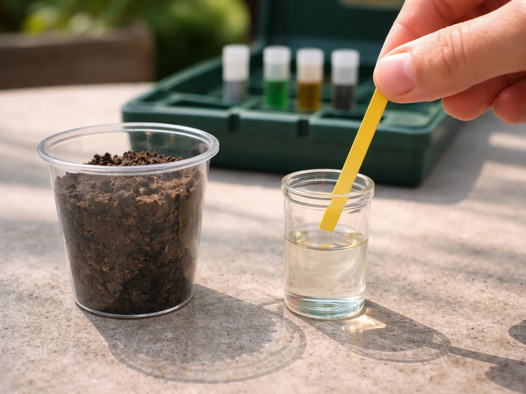 Close-up of a soil pH test strip dipped into liquid over dark soil in a simple testing setup.