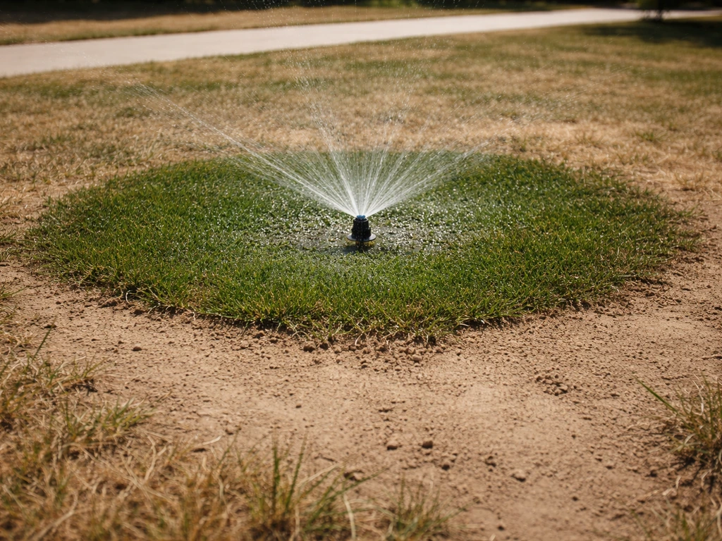 Sprinkler watering a light sandy lawn patch, showing an irrigation pattern and nearby heat-stressed grass.
