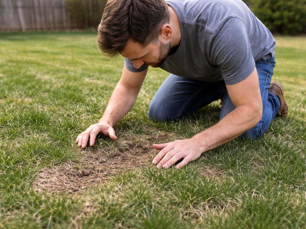 Person kneeling on a lawn, closely inspecting bare patches and grass density