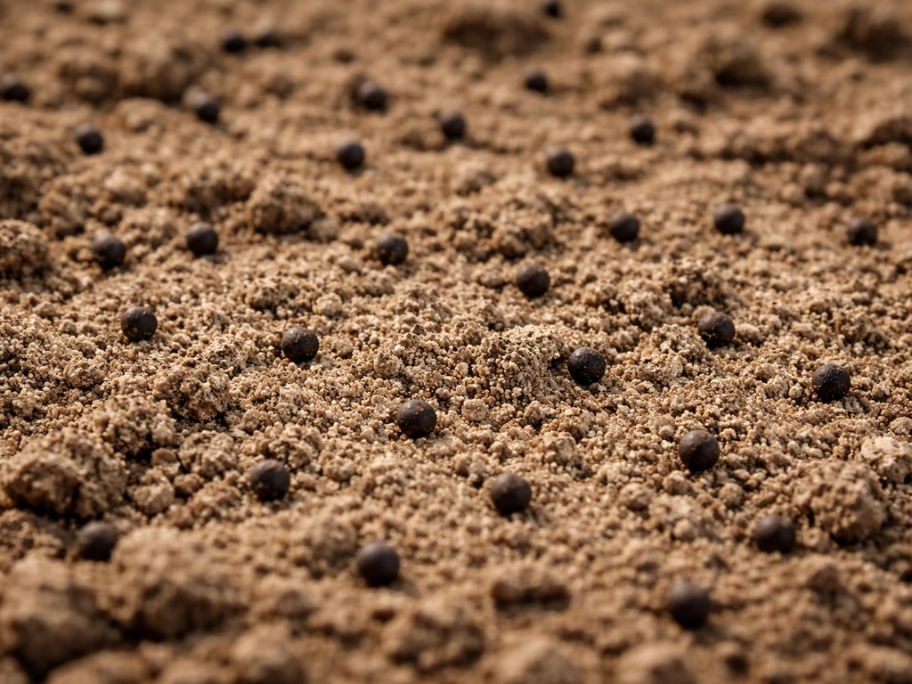 Seeds sitting on top of dry clumpy soil, showing poor seed-to-soil contact on a seedbed.
