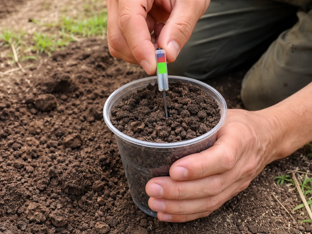 Gardener hand-testing soil pH beside a freshly dug soil sample in a quiet garden bed