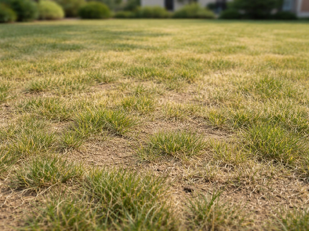 Thinning pale yellow grass across a lawn, showing nitrogen deficiency symptoms.