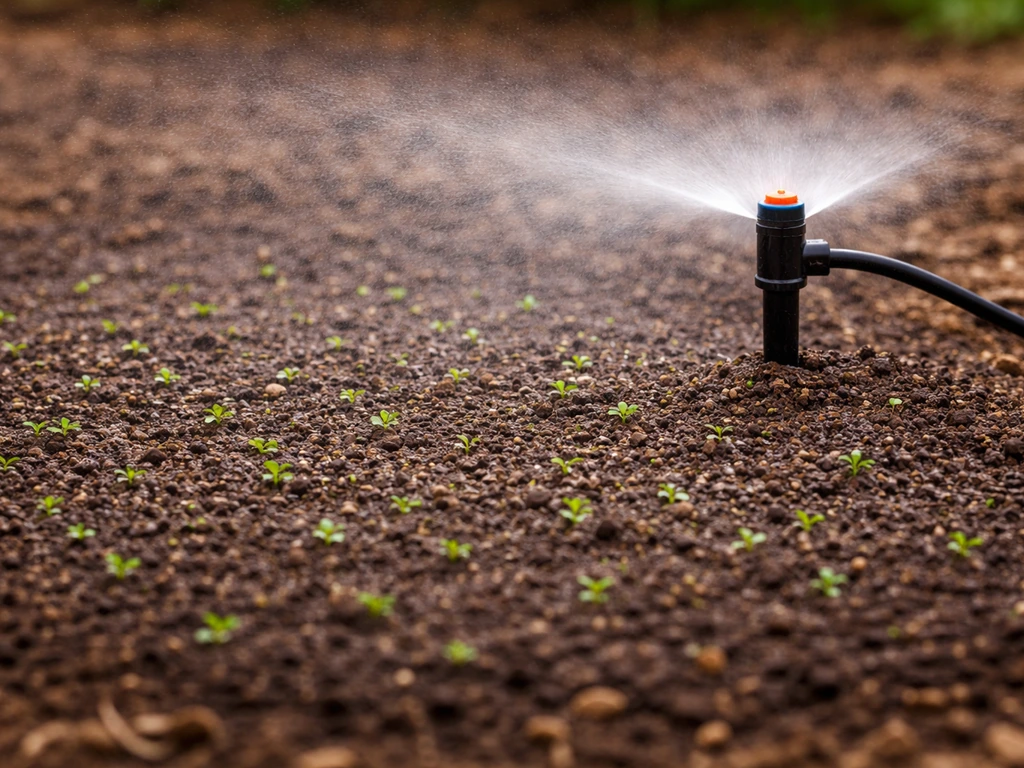 Newly seeded soil being gently misted by a sprinkler, no runoff or puddles, moist surface during establishment.