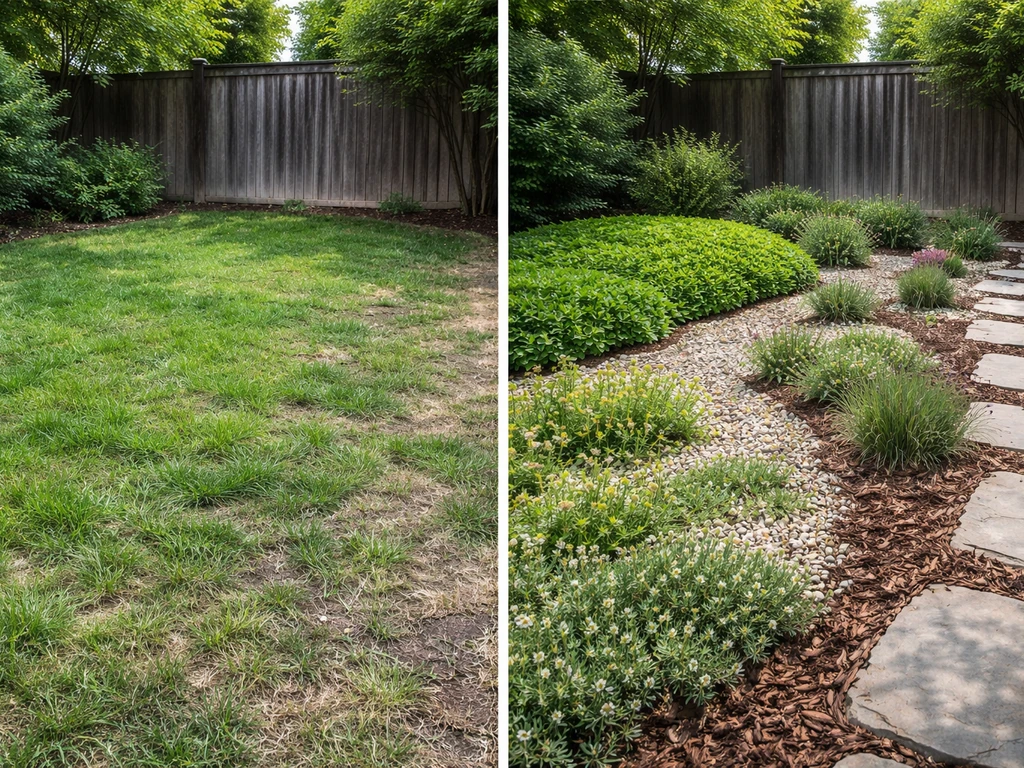 Split-view yard: grass lawn on left, three non-grass groundcover areas on right for shade, drought, and traffic.