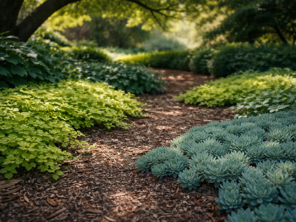 Low spreading groundcover plants covering soil under tree canopy in a quiet landscaped garden.