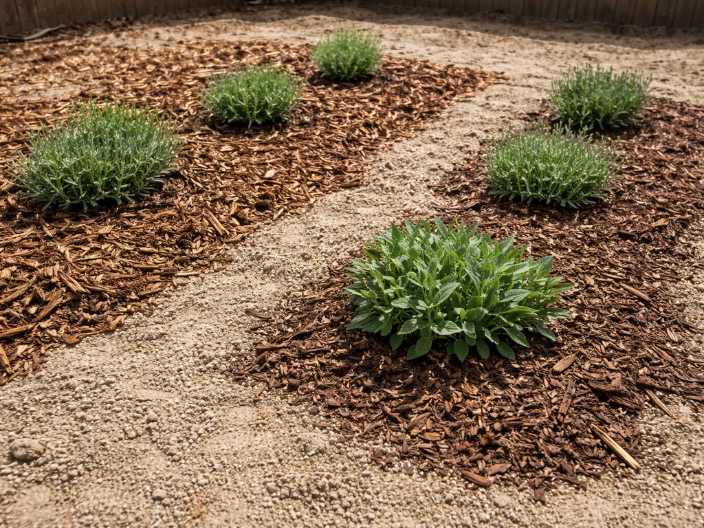 Sandy soil planting bed with visible mulch layer and a few drought-tolerant plants with green foliage.