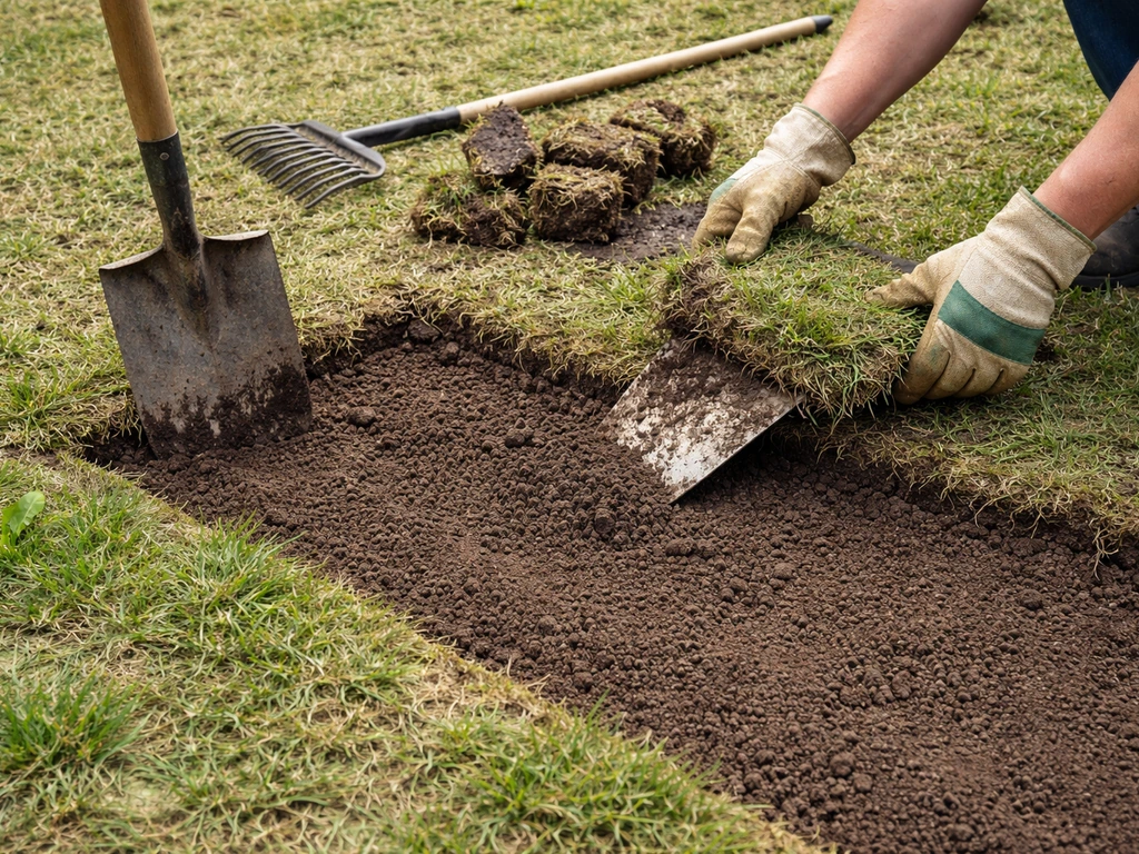 Gardener’s hands removing sod with a spade and rake, readying soil bed for new plant plugs