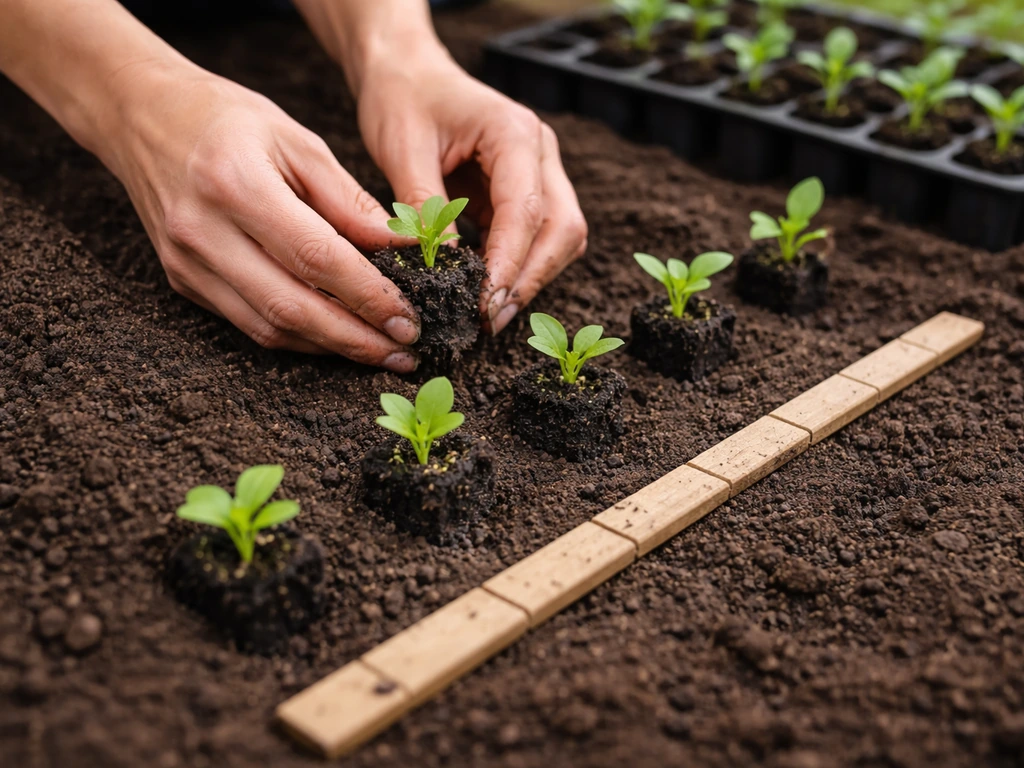 Closeup of hands planting spaced seedling plugs in prepared soil with a spacing tool nearby.