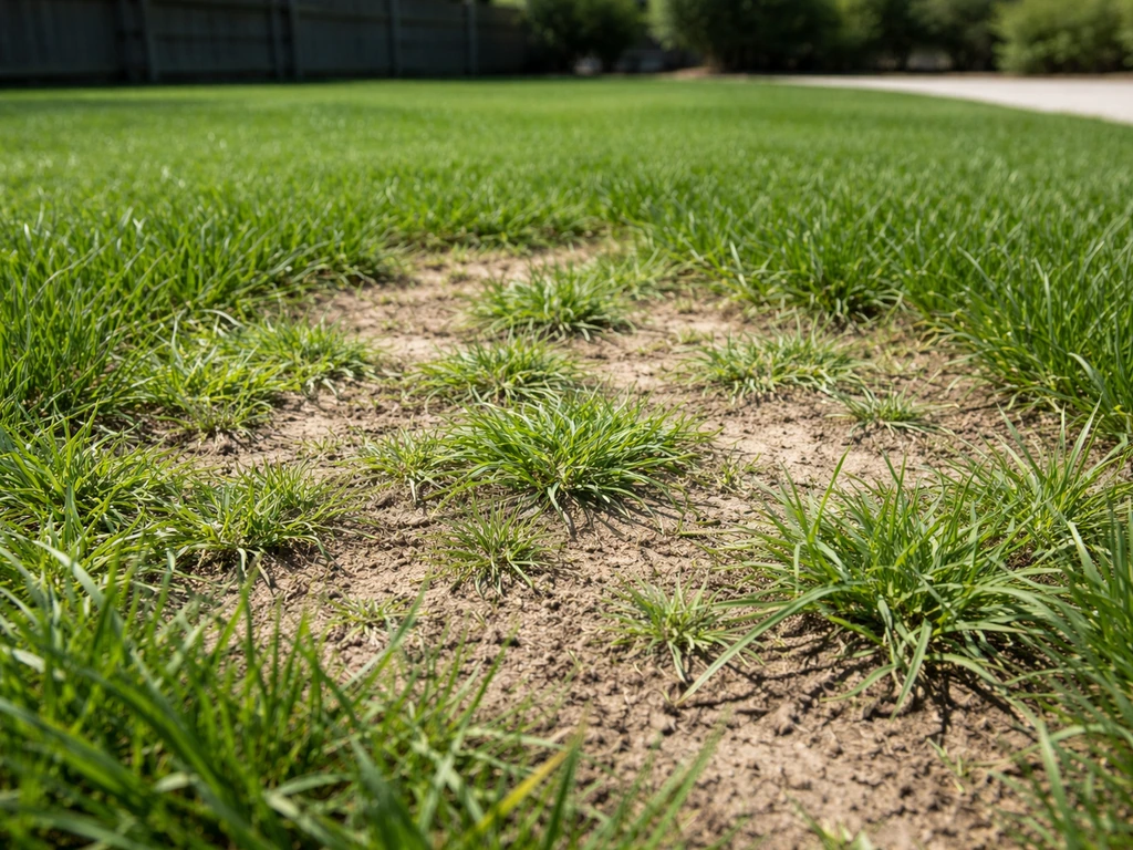 Patchy lawn with crabgrass clusters and sun-exposed thinning beside greener healthy grass.