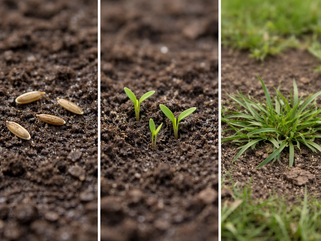 Three-stage crabgrass growth from seed in soil to seedlings and a small mature patch.