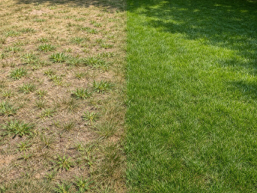 Side-by-side lawn: hot sun patch with sparse crabgrass and bare soil vs shaded dense green turf.
