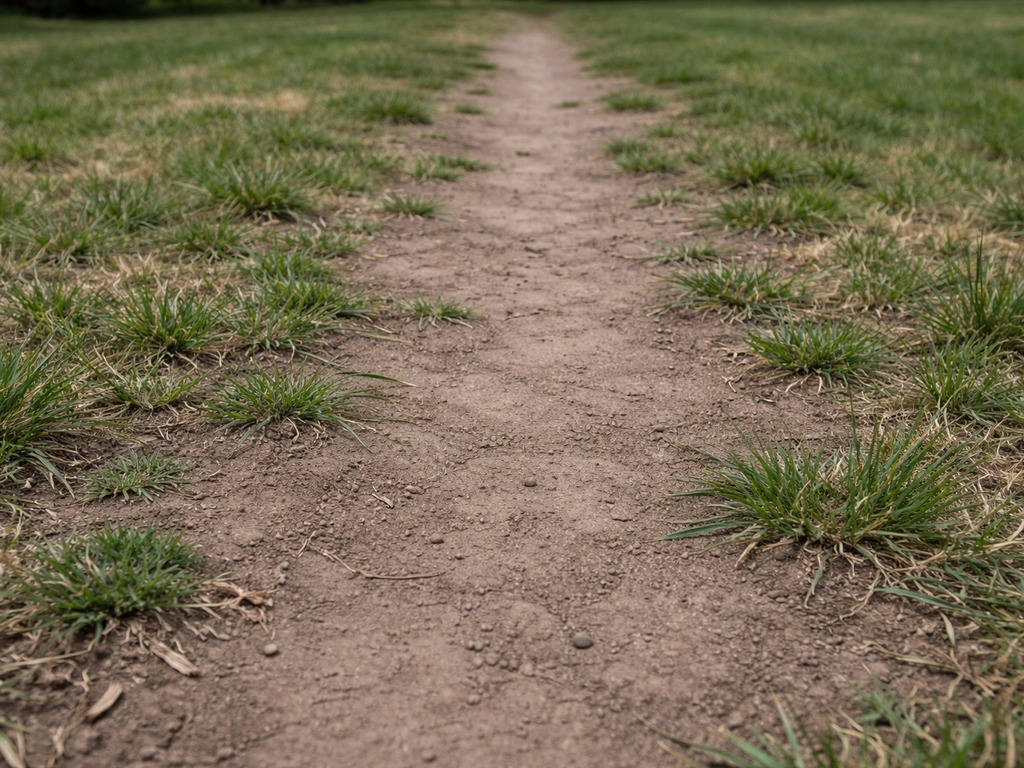 Compacted soil in a worn lawn path with thinning grass and crabgrass-like blades invading.