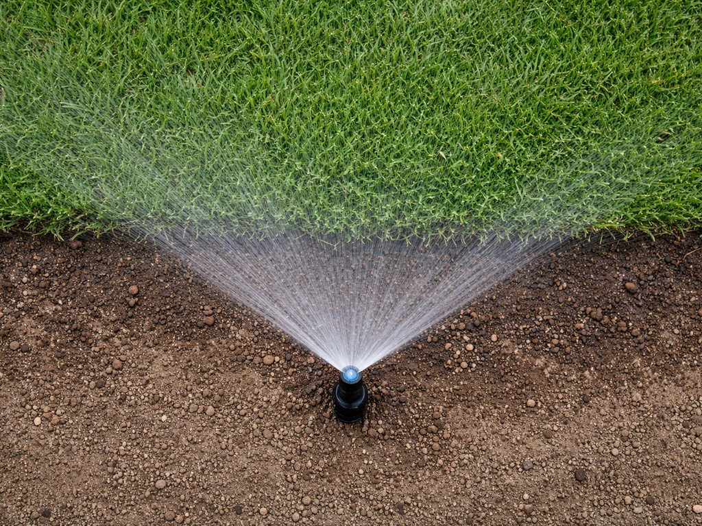Top-down view of a lawn with a sprinkler causing frequent shallow watering, showing damp top soil.