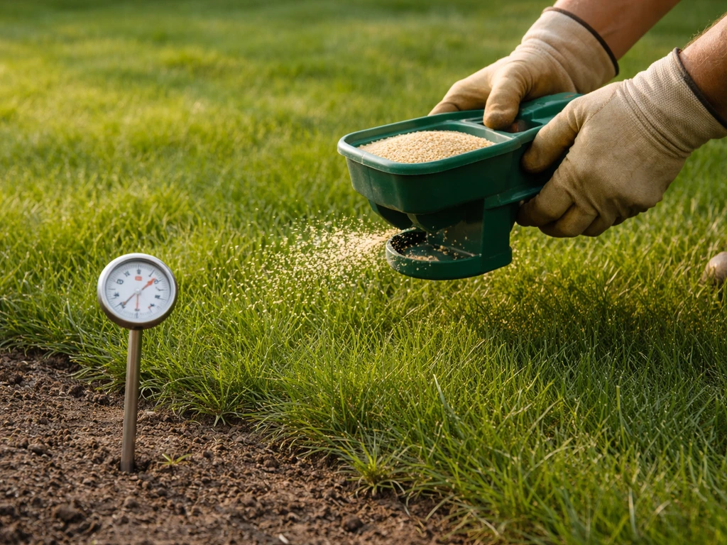 Gardener hand applying pre-emergent with a soil thermometer probe and a simple lawn spread pattern.