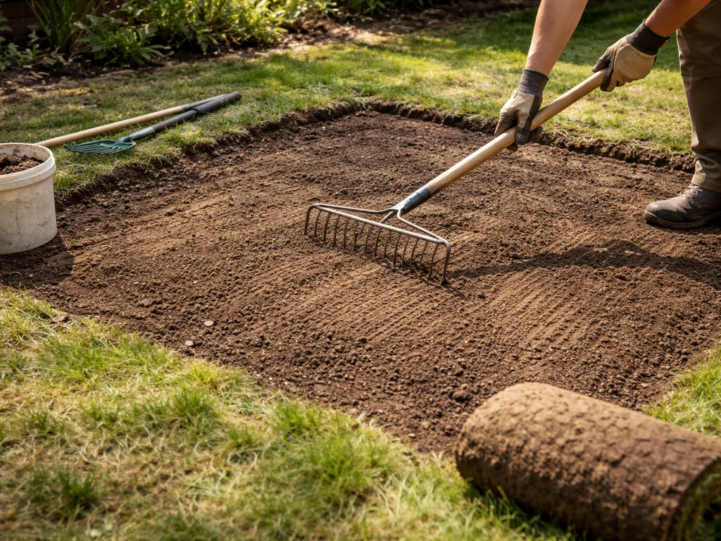 Gloved hands leveling freshly graded soil in a bare backyard spot ready for grass seed or sod