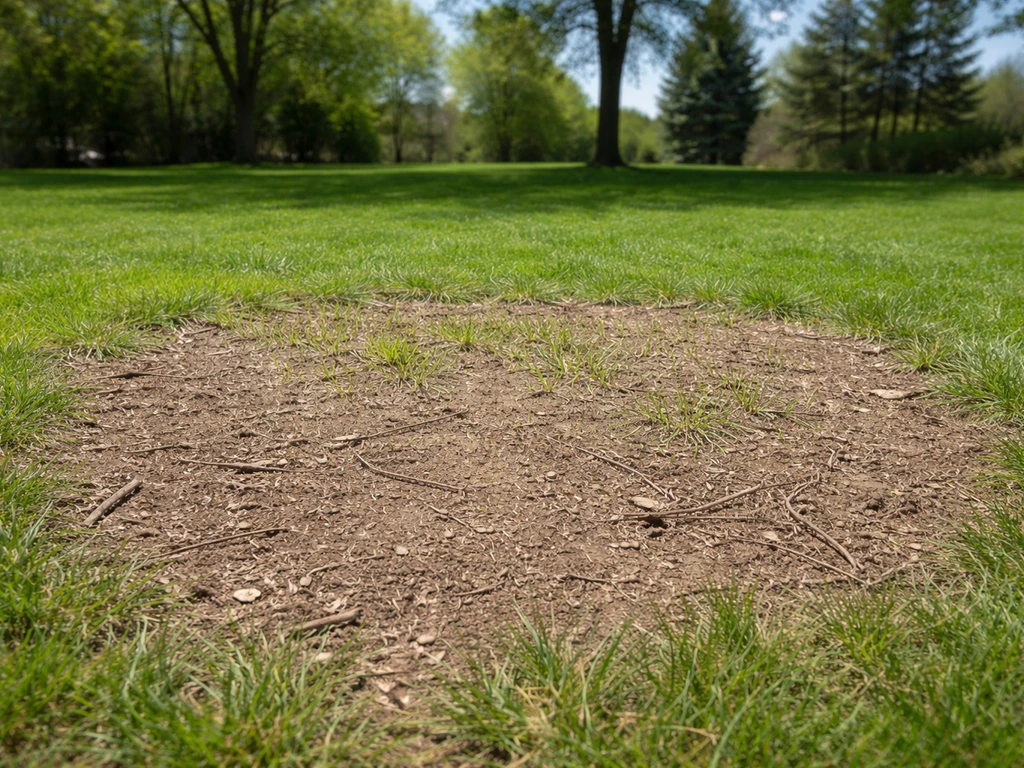 Bare patch of soil after a tree removal with sunlight and faint early grass regrowth.