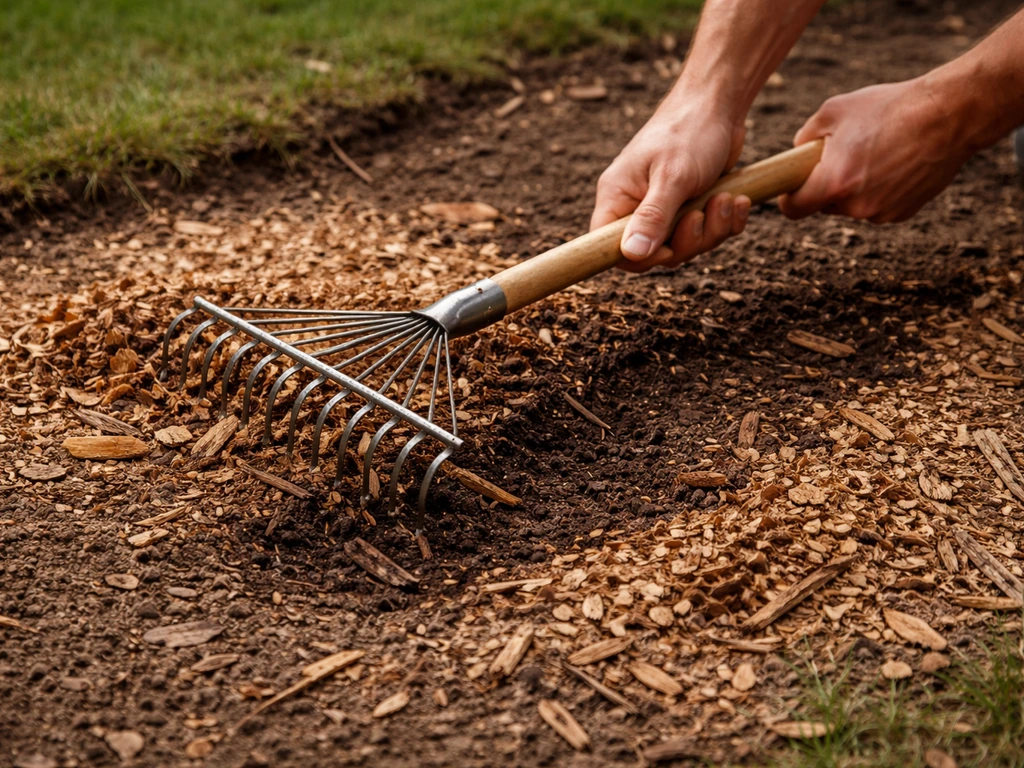 Close-up of raking wood chips and sawdust out of a yard root zone, exposing soil before replanting.