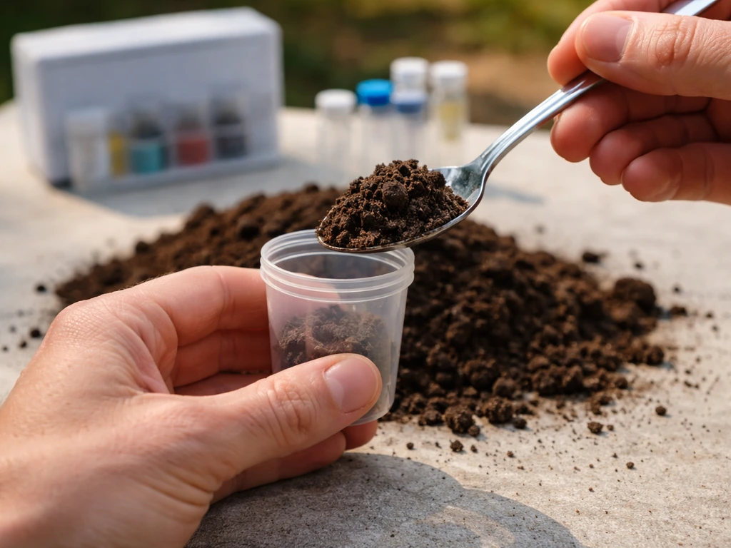 Anonymous hands filling a small cup with dark soil for a soil test kit.