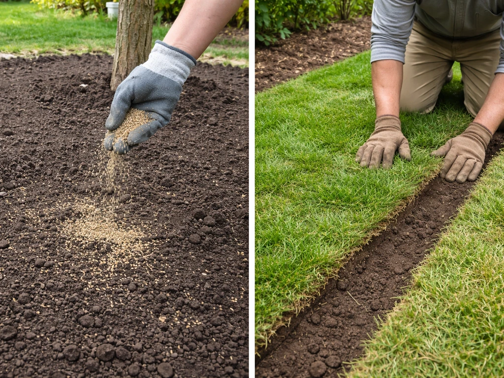 Left: hand broadcasting grass seed on prepared soil; right: hands laying and smoothing sod along an edged border.
