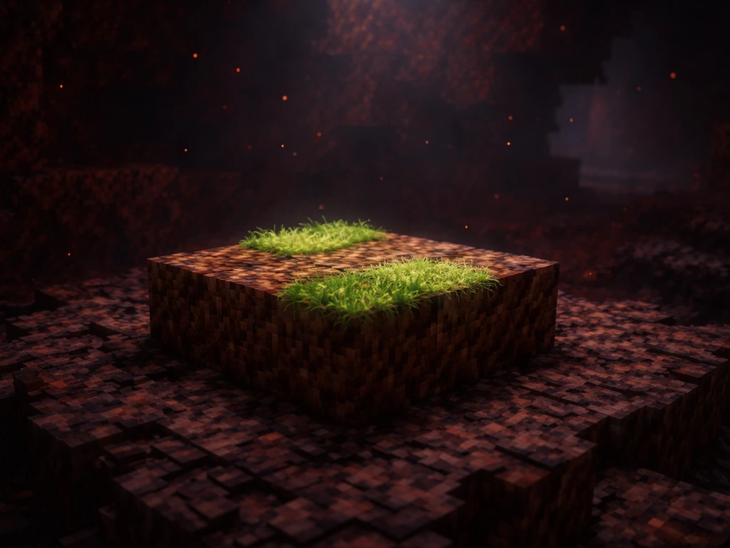 Nether scene with a small 3x3 dirt platform where grass is converting to green, contrasting darkness.
