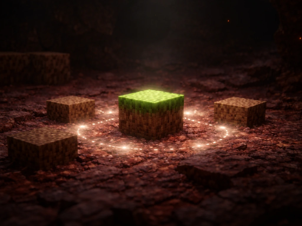 Minecraft-like nether grass block surrounded by dirt blocks under a subtle area-scan effect