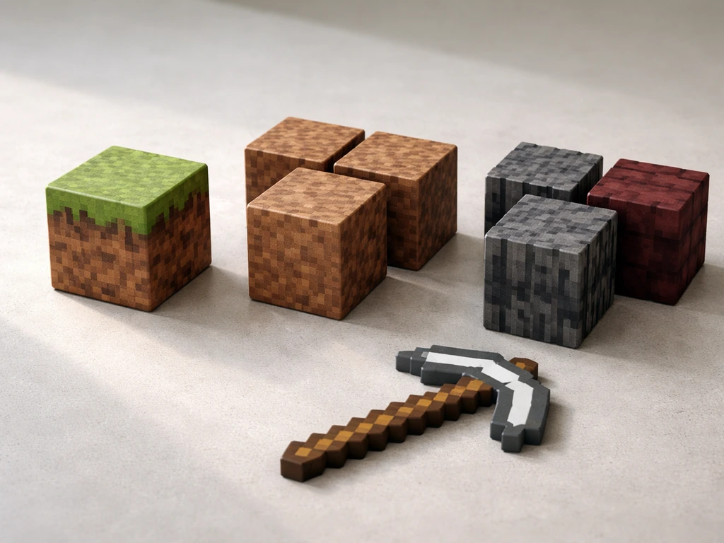 Minecraft-style block inventory on a small table: Silk Touch grass, dirt, and Nether building blocks.